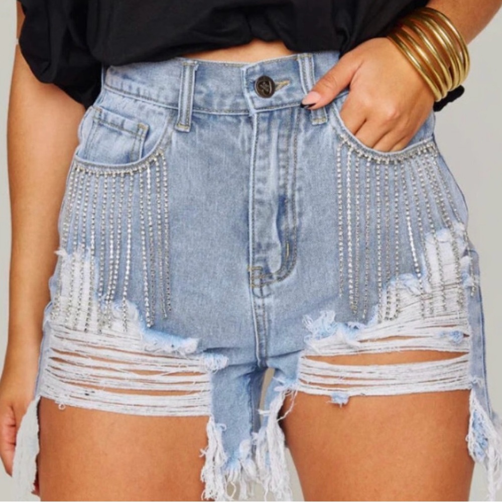 Buddy Love Elvis Crystal Fringe Denim Shorts